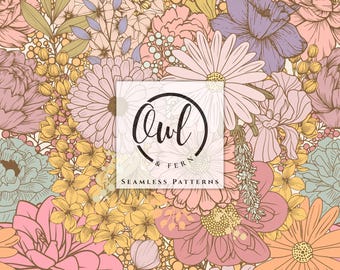Boho Flowers seamless pattern, Fabric print, Repeat file for fabric sublimation, Digital design.