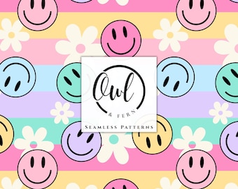 May include: A seamless pattern featuring horizontal stripes in pink, yellow, light blue, and lavender. The design includes white flowers and various colored smiley faces. A central white square displays the text Owl & Fern Seamless Patterns.