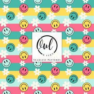 May include: A seamless pattern featuring horizontal stripes in teal, yellow, and pink, decorated with white flowers and smiley faces in pink, yellow, and teal. A white square overlay displays the black text Owl & Fern Seamless Patterns.