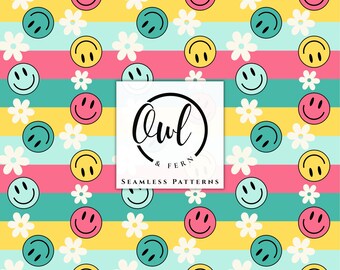 May include: A seamless pattern featuring horizontal stripes in teal, yellow, and pink, decorated with white flowers and smiley faces in pink, yellow, and teal. A white square overlay displays the black text Owl & Fern Seamless Patterns.
