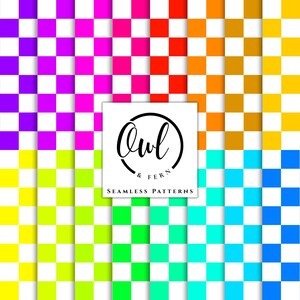 May include: A digital graphic featuring a multi-colored checkerboard pattern with squares in purple, pink, red, orange, yellow, lime green, teal, and blue. A white square in the center displays the black text Owl & Fern SEAMLESS PATTERNS.