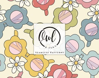 May include: A seamless pattern featuring stylized flower-shaped sunglasses in shades of pink, blue, yellow, and green, interspersed with white daisies on a cream background. A central white square displays the text Owl & Fern Seamless Patterns.