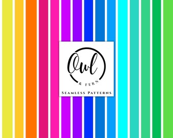 May include: A digital graphic featuring a repeating pattern of vertical stripes in a rainbow spectrum of yellow, orange, pink, purple, blue, teal, and green. A white square overlay displays the black text Owl & Fern SEAMLESS PATTERNS.