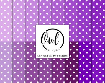 May include: A digital collection of seamless patterns featuring white polka dots on various shades of purple backgrounds, ranging from light lavender to deep violet. A central white square displays the black text Owl & Fern Seamless Patterns.