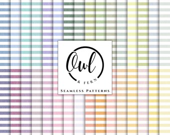 May include: A digital collection of seamless patterns featuring horizontal stripes in various pastel and vibrant colors including blue, green, yellow, purple, pink, and orange. A central white square displays the black text Owl & Fern Seamless Patterns.