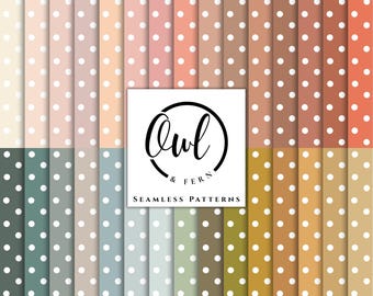 May include: A collection of vertical strips featuring a seamless polka dot pattern in various muted earth tones, including shades of cream, peach, terracotta, sage green, and mustard yellow. A central white square displays the text Owl & Fern.
