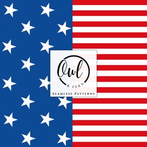 May include: A seamless digital pattern featuring a split design with white stars on a blue background on the left and horizontal red and white stripes on the right. A central white square displays the black text Owl & Fern Seamless Patterns.