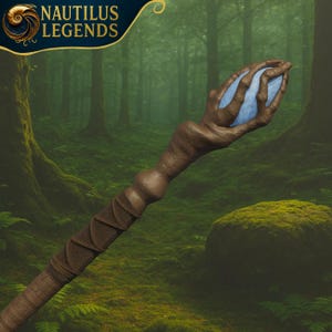 May include: A brown fantasy staff with a hand-shaped top holding a glowing blue orb. The staff has intricate carvings and a textured appearance. The image includes the text "NAUTILUS LEGENDS" in the upper left corner, set against a forest backdrop.