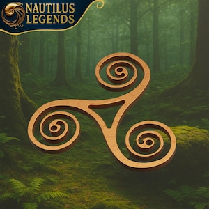 May include: A bronze-colored Celtic Triskelion symbol with three spiraling arms, set against a backdrop of a lush green forest. The symbol has intricate details and is from Nautilus Legends.