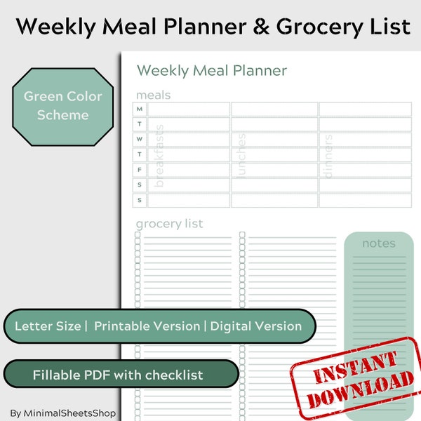 Weekly Meal Planner, Grocery List | Meal Prep, 7 days | Printable & Digital Templates