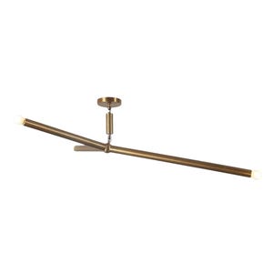 May include: A modern, brass-toned ceiling light fixture with two horizontal arms extending from a central mounting point. Each arm has a small, round light at the end. The fixture has a minimalist design, suitable for contemporary interiors.