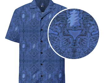 Viola Lee Blues II Electric Woodcut Skull & Roses : Grateful Dead Button Shirt (Stealie Blue)