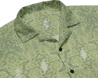 Electric Woodcut Green Bud - Grateful Dead Skull and Roses Unisex button shirt