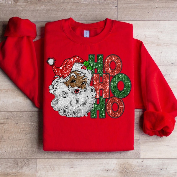 African American Santa Faux Sequin Sweatshirt | Santa Claus | Womens Christmas Sweatshirt | Holiday Clothing | Merry Christmas |