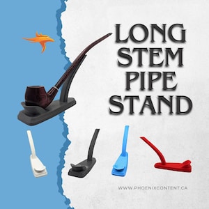 May include: A black pipe stand with a long stemmed pipe resting on it. The stand is designed to hold pipes with long stems. The image also shows three additional stands in white, blue, and red.