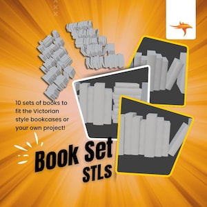 Può includere: Immagine di set di libri stampati in 3D, perfetti per librerie in stile vittoriano. L'immagine presenta più set di modelli di libri bianchi, con il testo "Book Set STLS" e "10 set di libri per adattarsi alle librerie in stile vittoriano o al tuo progetto!"