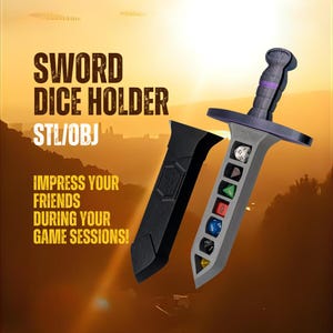 Peut inclure: Un porte-dés en forme d'épée grise et noire avec une poignée violette et un fourreau noir. L'épée contient plusieurs dés multi-faces de différentes couleurs. Le texte sur l'image indique "SWORD DICE HOLDER STL/OBJ" et "IMPRESS YOUR FRIENDS DURING YOUR GAME SESSIONS!"