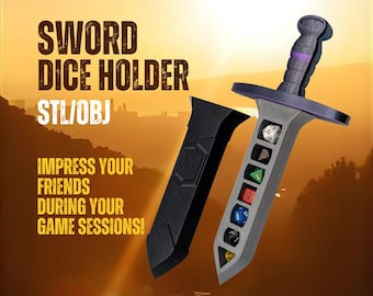 Puede incluir: Un soporte para dados en forma de espada gris y negra con un mango morado y una vaina negra. La espada contiene varios dados de múltiples caras en varios colores. El texto en la imagen dice "SWORD DICE HOLDER STL/OBJ" y "IMPRESS YOUR FRIENDS DURING YOUR GAME SESSIONS!"