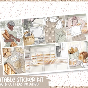 Puede incluir: Kit de pegatinas imprimibles con ilustraciones de panadería. El diseño incluye un panadero con pan, utensilios de horneado, productos horneados y una panadería. El texto "Bella Planella" y "Printable Sticker Kit" son visibles.