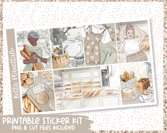 May include: Printable sticker kit featuring bakery-themed illustrations. The design includes images of a baker holding bread, baking tools, baked goods, and a bakery shop. The text "Bella Planella" and "Printable Sticker Kit" are visible.