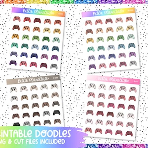 Puede incluir: Cuatro hojas de pegatinas imprimibles con diseños de mandos de juego coloridos y monocromáticos. Las pegatinas están etiquetadas como "Bella Planella" y "P-041".