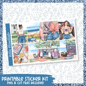 Puede incluir: Un kit de pegatinas imprimibles con temática de verano. El diseño presenta ilustraciones de escenas de playa, comida, una furgoneta vintage y patines. El texto "Bella Planella" y "Printable Sticker Kit" son visibles.