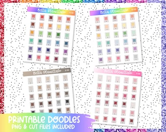 May include: Four sheets of printable stickers with a variety of colorful squares. Each sheet has the text "Bella Planella" and a number. The text "PRINTABLE DOODLES PNG & CUT FILES INCLUDED" is at the bottom of the image.