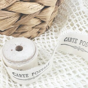 One Yard Torn Fabric Tea Stain Ribbon Hand Stamped Carte Postale Vintage Wood Spool French Decorating Junk Journal Slow Stitch Fabric Tag