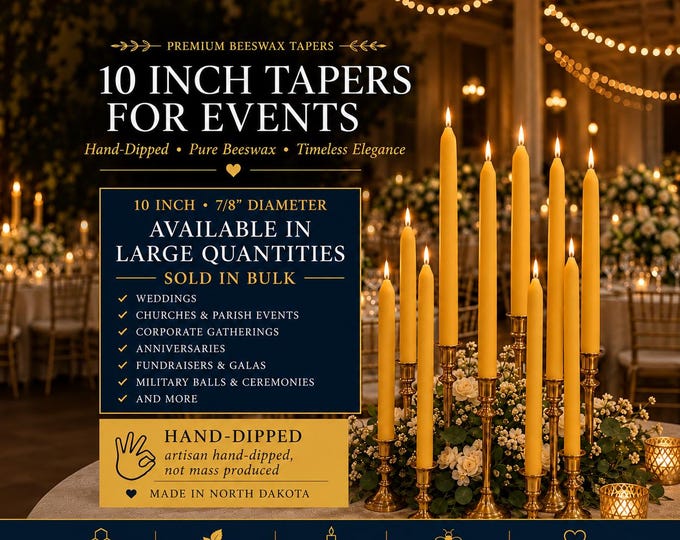 10-Inch Hand-Dipped Beeswax Taper Candles, Bulk Wedding & Event Sets, 12–120 Candles