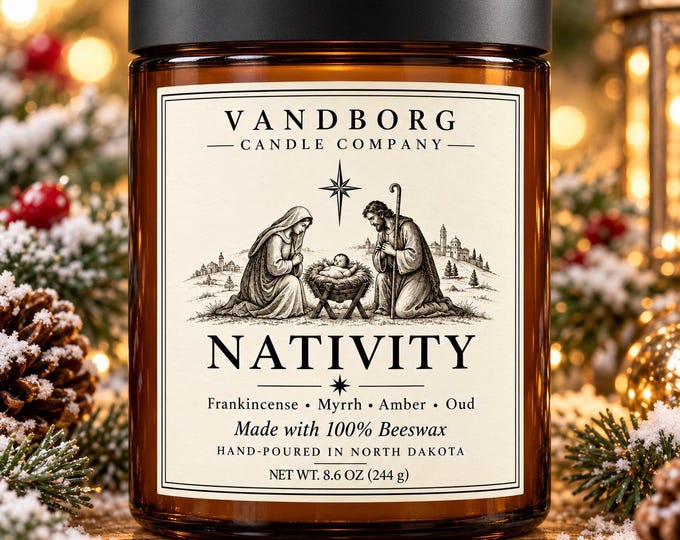 Nativity Beeswax  Container Candle | Frankincense Myrrh Amber Oud | Catholic Christmas Candle