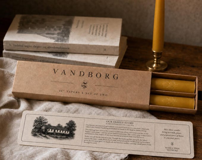 Hand-Dipped Beeswax Taper Gift Set, Two 10-Inch Candles in VANDBORG Heritage Box