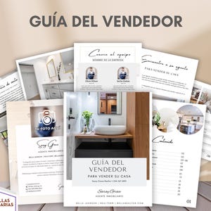 May include: A guide for sellers titled "Guia del Vendedor" for selling a house. The guide includes information on pricing, meeting the team, and a calendar. The guide also includes a photo of a bathroom with a white sink and a wooden vanity.