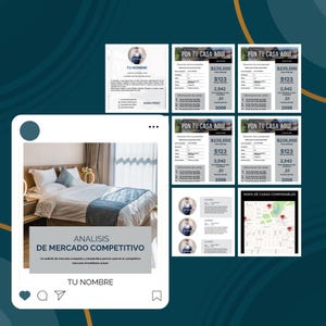 Puede incluir: Una publicación de redes sociales para un agente inmobiliario. La publicación incluye una foto de un dormitorio, un mapa de casas comparables y un gráfico que compara el precio de casas similares. El texto de la publicación dice "Análisis de Mercado Competitivo" y "Tu Nombre".