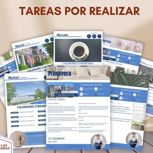 Puede incluir: Un conjunto de listas de verificación y calendarios imprimibles azules y blancos diseñados para agentes inmobiliarios. Las listas de verificación cubren tareas para cada estación, incluyendo "Lista de verificación de limpieza de primavera" y "Lista de verificación de mantenimiento del hogar de otoño". Los calendarios presentan un calendario comunitario, una descripción general del mercado y una lista de verificación "Ponga su casa en el mercado".