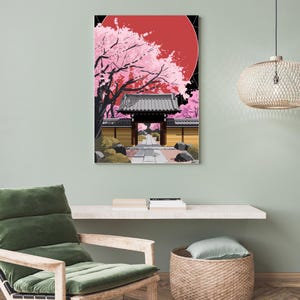 Puede incluir: Una pintura digital de un jardín japonés con un sol rojo, árboles de cerezos en flor y una puerta tradicional.