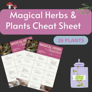 Könnte beinhalten: Ein rosa-weißes, druckbares Spickzettel mit dem Titel "Magical Herbs & Plants Cheat Sheet" und dem Text "26 PLANTS". Der Spickzettel ist in ein Raster mit dem Text "Magical Herbs" und "Cheatsheet" oben aufgeteilt.