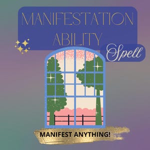 Peut inclure: Une illustration d'une fenêtre avec un cadre bleu et une vue sur deux arbres verts et des nuages roses. La fenêtre est placée sur un fond violet. Une bannière dorée en bas dit "Manifester n'importe quoi !" Le haut de l'image a une bannière bleue avec du texte doré qui dit "Sortez de la manifestation".