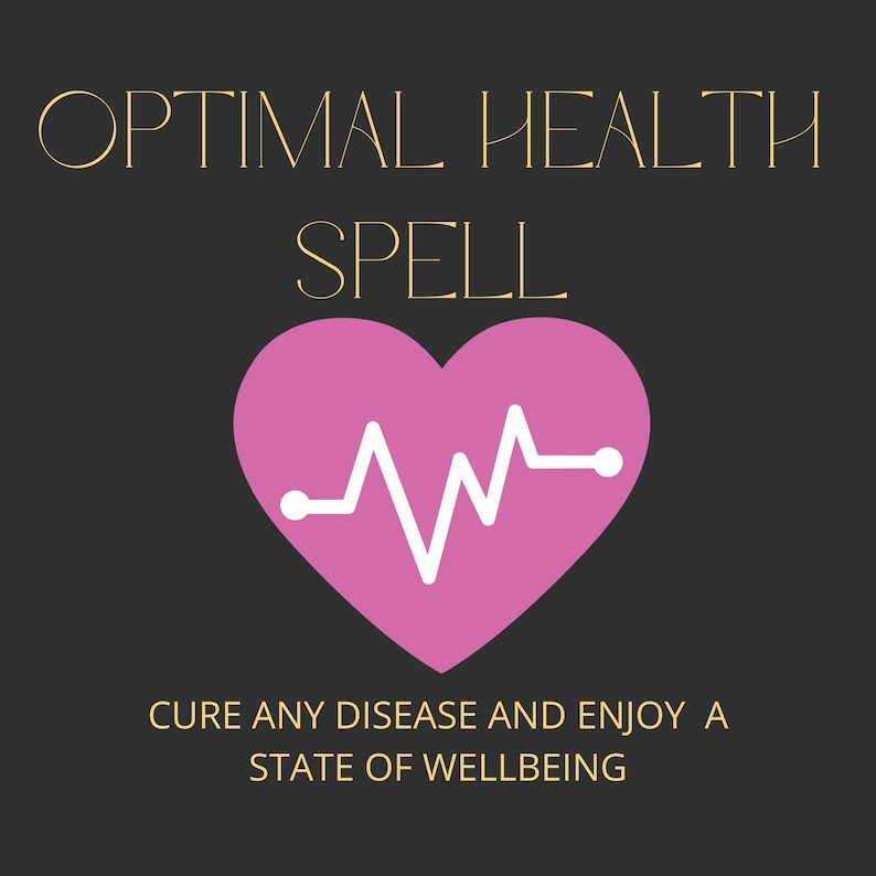 May include: A pink heart with a white heartbeat graphic inside. The text "OPTIMAL HEALTH SPELL" is at the top of the image. The text "CURE ANY DISEASE AND ENJOY A STATE OF WELLBEING" is at the bottom of the image.