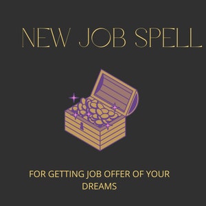 May include: A gold treasure chest with a purple lid is open and overflowing with gold coins. Pink stars sparkle above the chest. The text "NEW JOB SPELL" is at the top of the image and the text "FOR GETTING JOB OFFER OF YOUR DREAMS" is at the bottom.