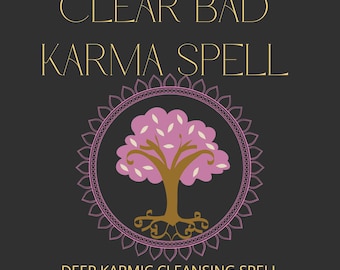 May include: A pink and gold mandala with a tree in the center. The text "CLEAR BAD KARMA SPELL" is at the top and "DEEP KARMIC CLEANSING SPELL" is at the bottom.