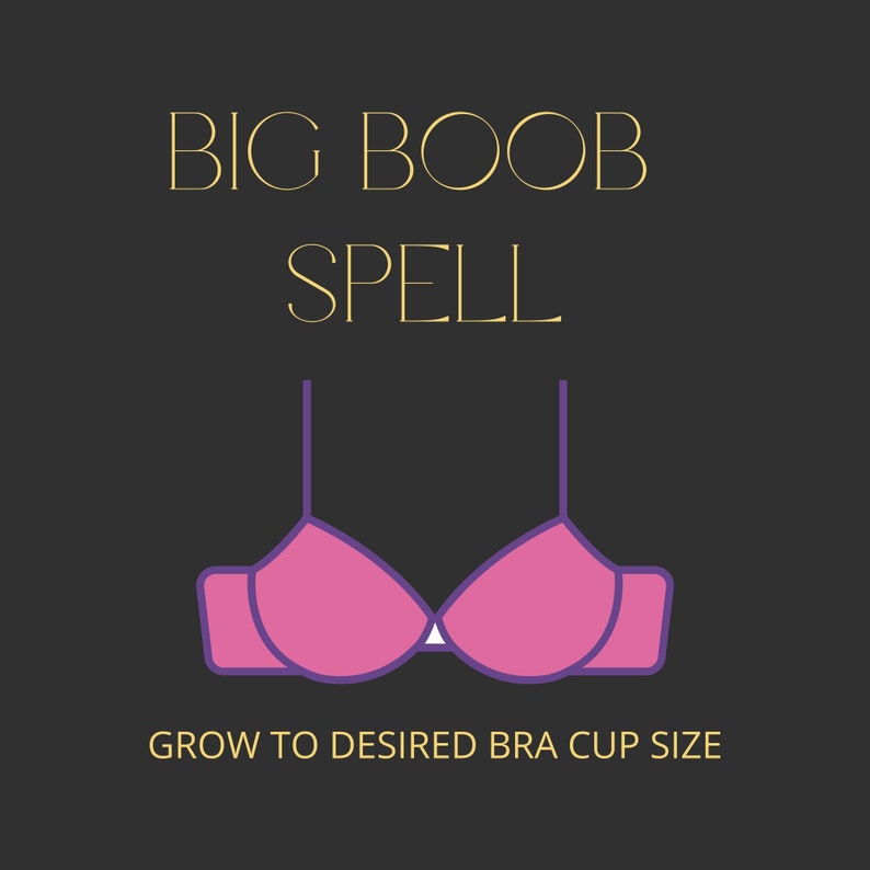 Puede incluir: Un sujetador rosa con tirantes morados y el texto "BIG BOOB SPELL GROW TO DESIRED BRA CUP SIZE" en letras doradas sobre un fondo negro.