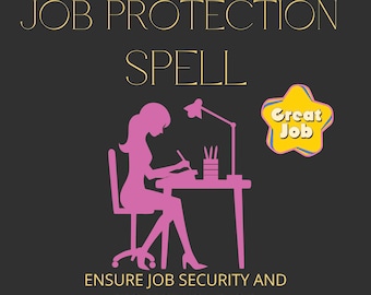 Könnte beinhalten: Eine rosa Silhouette einer Person, die an einem Schreibtisch mit einer Lampe und einem Notizblock sitzt. Der Text "JOB PROTECTION SPELL" befindet sich oben im Bild. Ein gelber Stern mit dem Text "Great Job" befindet sich oben rechts. Der Text "ENSURE JOB SECURITY AND PROTECT YOUR JOB!" befindet sich unten im Bild.