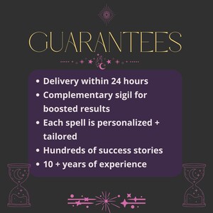 May include: Dark gray graphic with the word "GUARANTEES" in gold script. A purple box lists guarantees: delivery within 24 hours, complementary sigil, personalized spells, success stories, and 10+ years experience. Hourglass and star graphics.