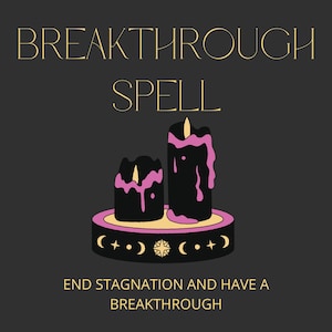 May include: A black and pink candle spell for breaking through stagnation. The candles are on a yellow and black base with a crescent moon and star design. The text reads "BREAKTHROUGH SPELL END STAGNATION AND HAVE A BREAKTHROUGH".