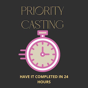 May include: A graphic with the words "PRIORITY CASTING" in gold lettering above a pink and beige stopwatch illustration. Below the stopwatch, the text reads "HAVE IT COMPLETED IN 24 HOURS" in gold.
