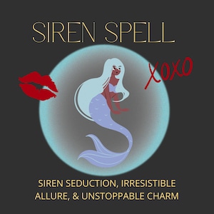 Puede incluir: Ilustración de una sirena con cabello azul claro y cola lavanda, sobre un círculo turquesa. El texto dorado dice "SIREN SPELL", con "XOXO" y un labio rojo. El texto en la parte inferior dice "SIREN SEDUCTION, IRRESISTIBLE ALLURE, & UNSTOPPABLE CHARM."