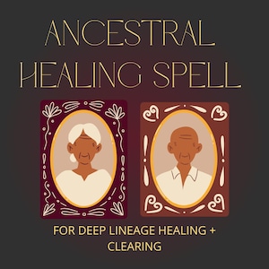 May include: Ancestral Healing Spell for deep lineage healing and clearing. Two portraits of older people in ornate frames with gold accents. The frames are on a dark red background.