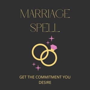 May include: A gold graphic with the text "Marriage Spell" and two gold rings with a pink diamond on one ring. The graphic also includes three pink stars. The text below the rings reads "Get the commitment you desire."