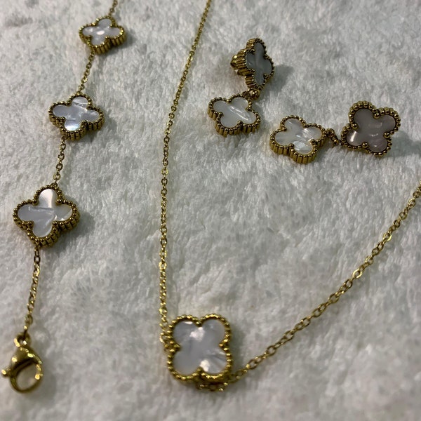 Lucky 4 Leaf Clover Set,Quality Jewerly Set,Stainless Steel,Precious Stone,Van Cleef Set,Elegant Bracelet,Luxury Necklace,Rare Earring,