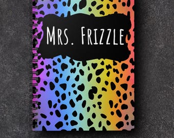 Personalized Rainbow Leopard Notebook, Teacher Gift, Retro Journal